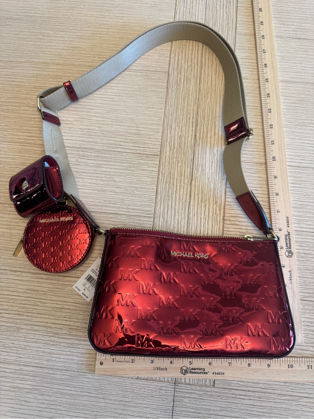 Michael Kors Metallic Cherry Red Embossed Crossbody with Coin Pouch Set